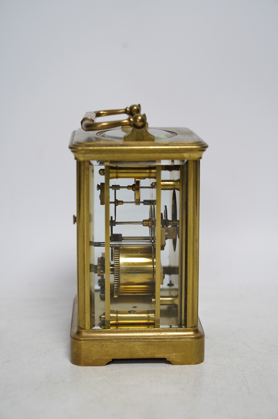 A late 19th century Drocourt brass case carriage timepiece, 14cm. Condition - fair, not tested as working